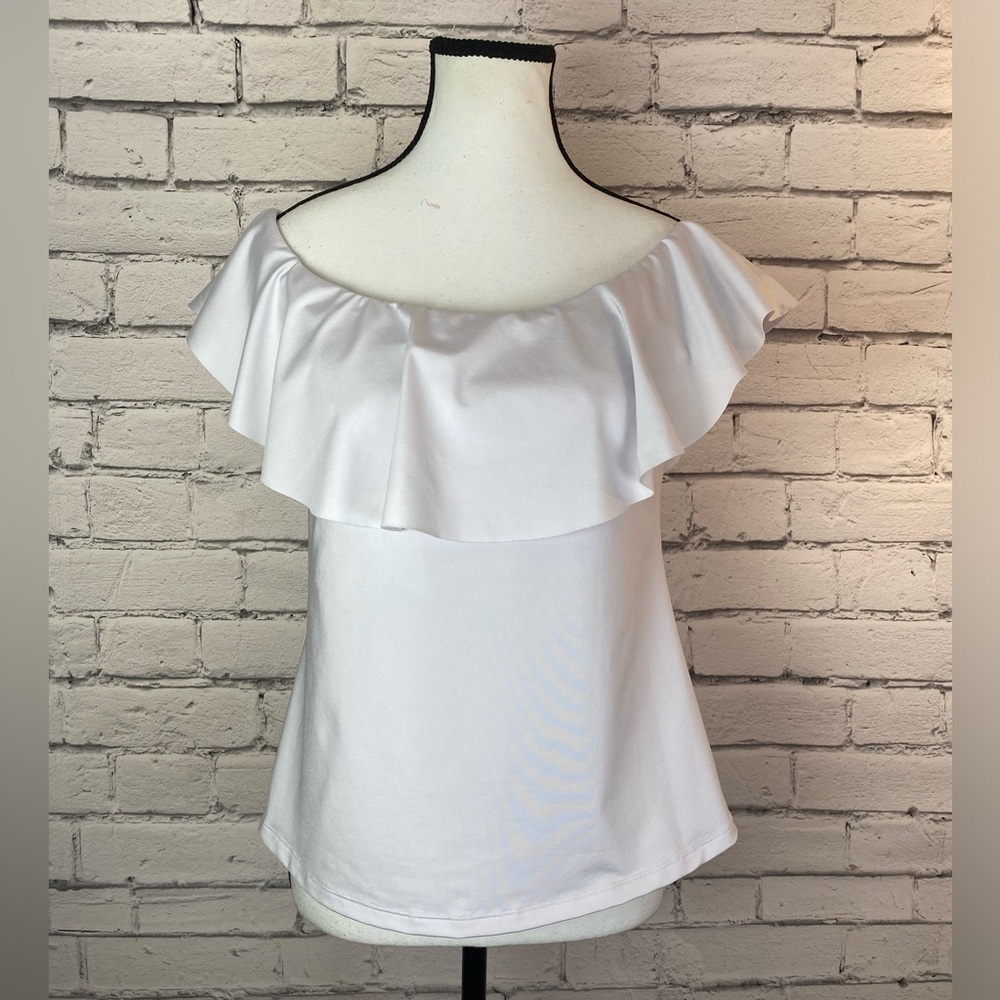 Trina Turk NWT White Size 10 Monaco Off The Shoulder Ruffle Tankini Swim Top